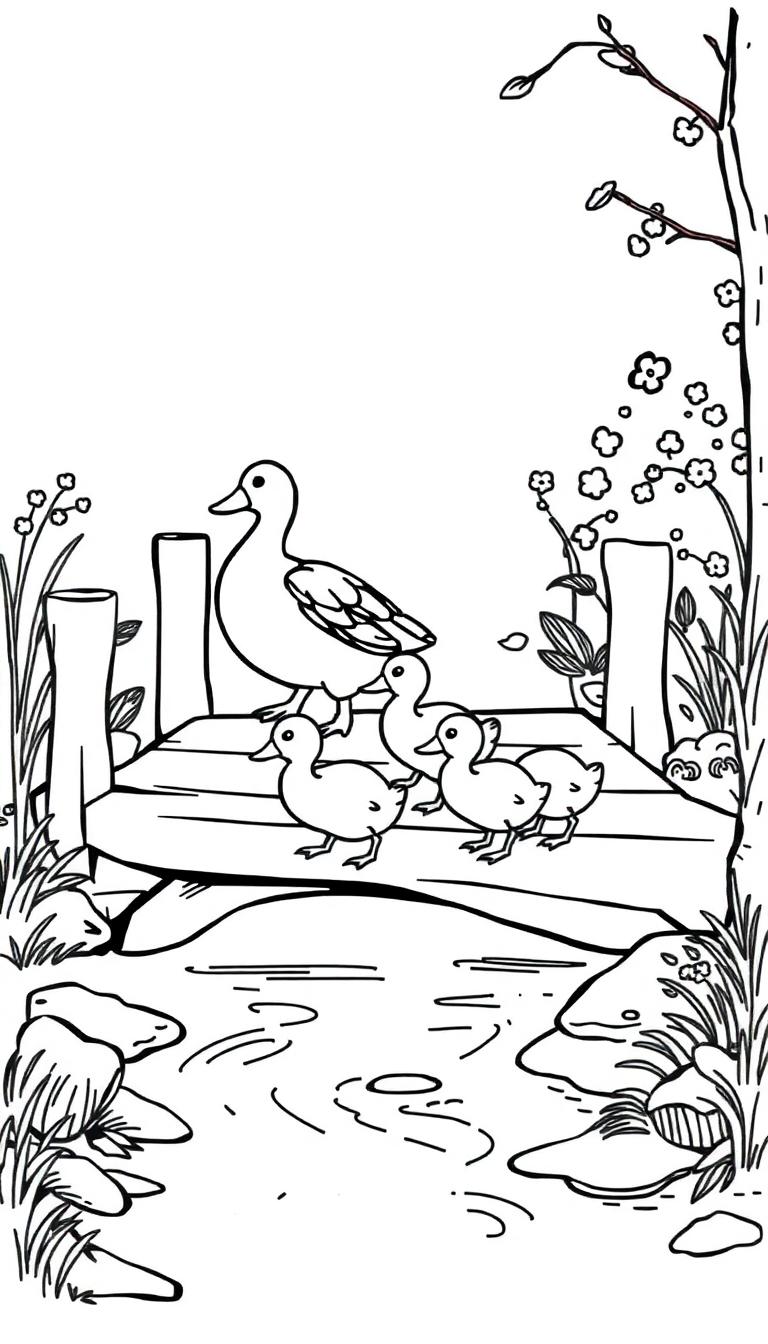 Kleurplaat van een moeder eend met vier eendjes die over een houten brug lopen, omgeven door bloemen, gras en een boomtak met bloesem.