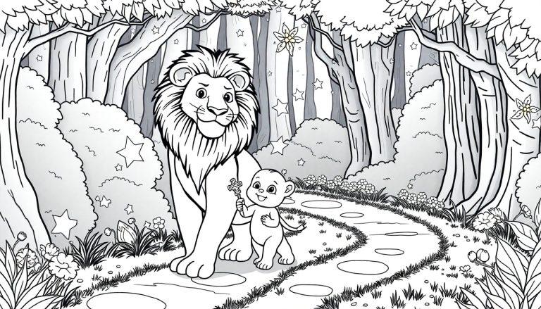 Zwart-wit kleurplaat van een magisch bos met een grote leeuw en een babyleeuw die samen over een kronkelend stenen pad wandelen, omgeven door bomen, bloemen en sterren. Perfect voor kinderen om in te kleuren!