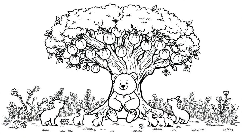 Kleurplaat van een vredig bos met een lachende beer, kleine dieren, bloemen, en een slapend egeltje.
