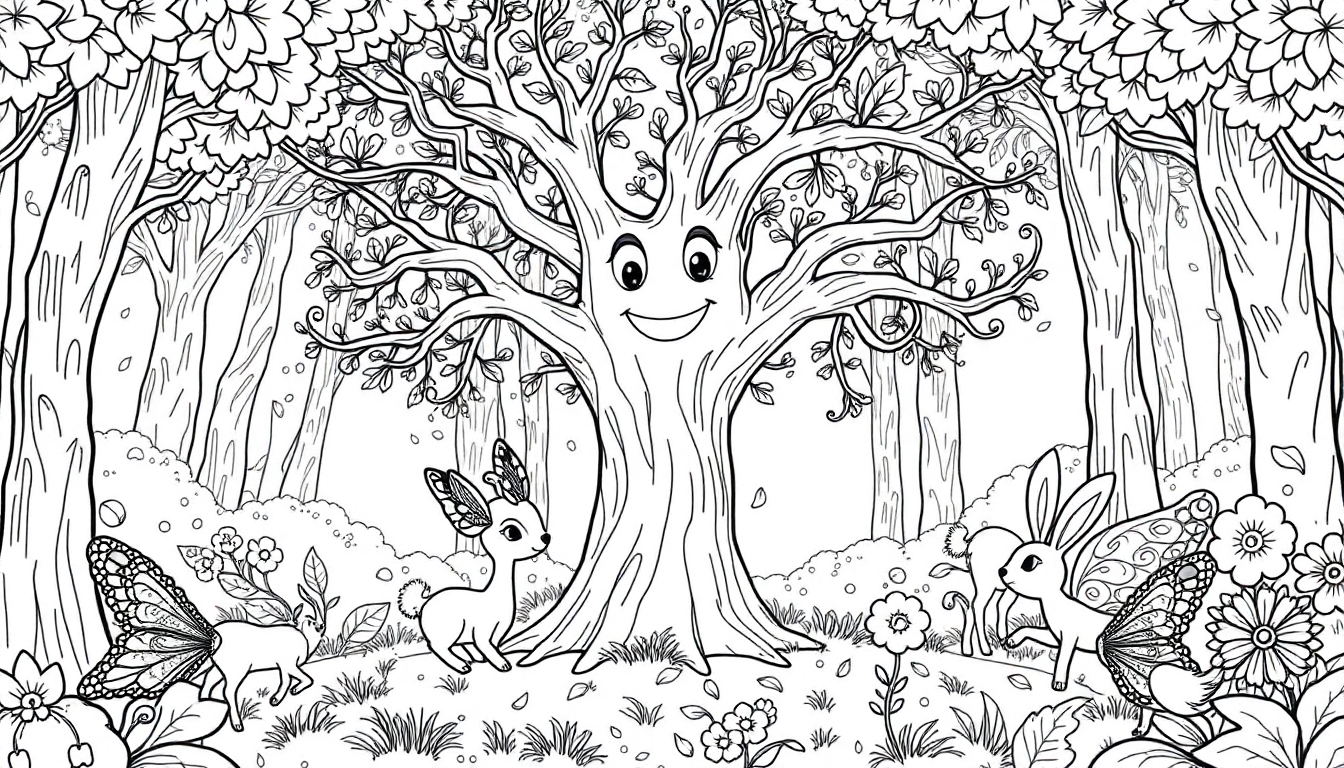 Kleurplaat van een magisch bos met een glimlachende boom en magische dieren zoals herten en konijnen met vlindervleugels.