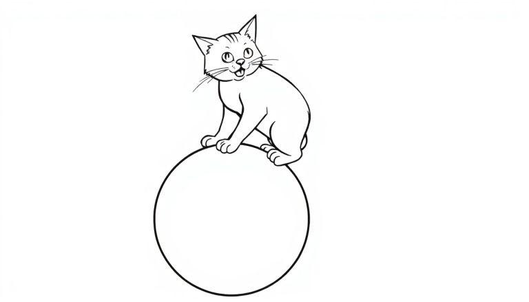 Kleurplaat van een kat die op een grote cirkel zit, klaar voor kleurenplezier.