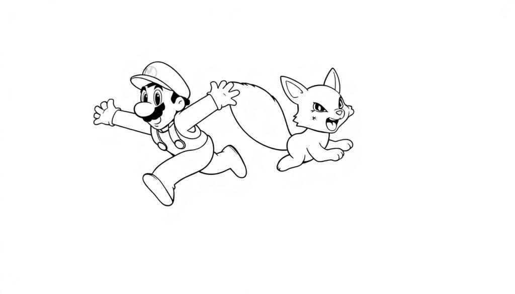 Zwart-wit kleurplaat van een vrolijke man met pet en snor die rent met een vos of kat met puntige oren en lange staart, allebei in beweging.