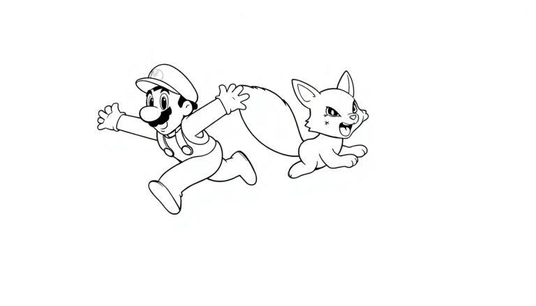 Zwart-wit kleurplaat van een vrolijke man met pet en snor die rent met een vos of kat met puntige oren en lange staart, allebei in beweging.