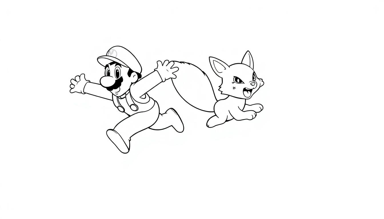 Zwart-wit kleurplaat van een vrolijke man met pet en snor die rent met een vos of kat met puntige oren en lange staart, allebei in beweging.