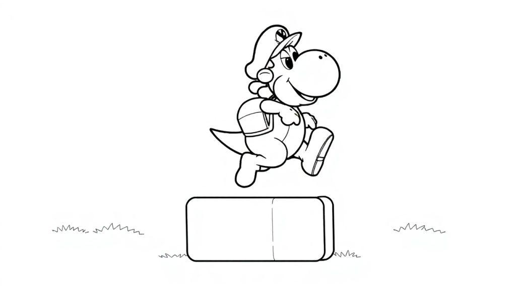Kleurplaat van een vrolijke cartoondinosaurus die springt op een platform, met een pet en een rugzak, in een buitenomgeving met graspolletjes.
