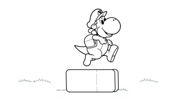 Kleurplaat van een vrolijke cartoondinosaurus die springt op een platform, met een pet en een rugzak, in een buitenomgeving met graspolletjes.