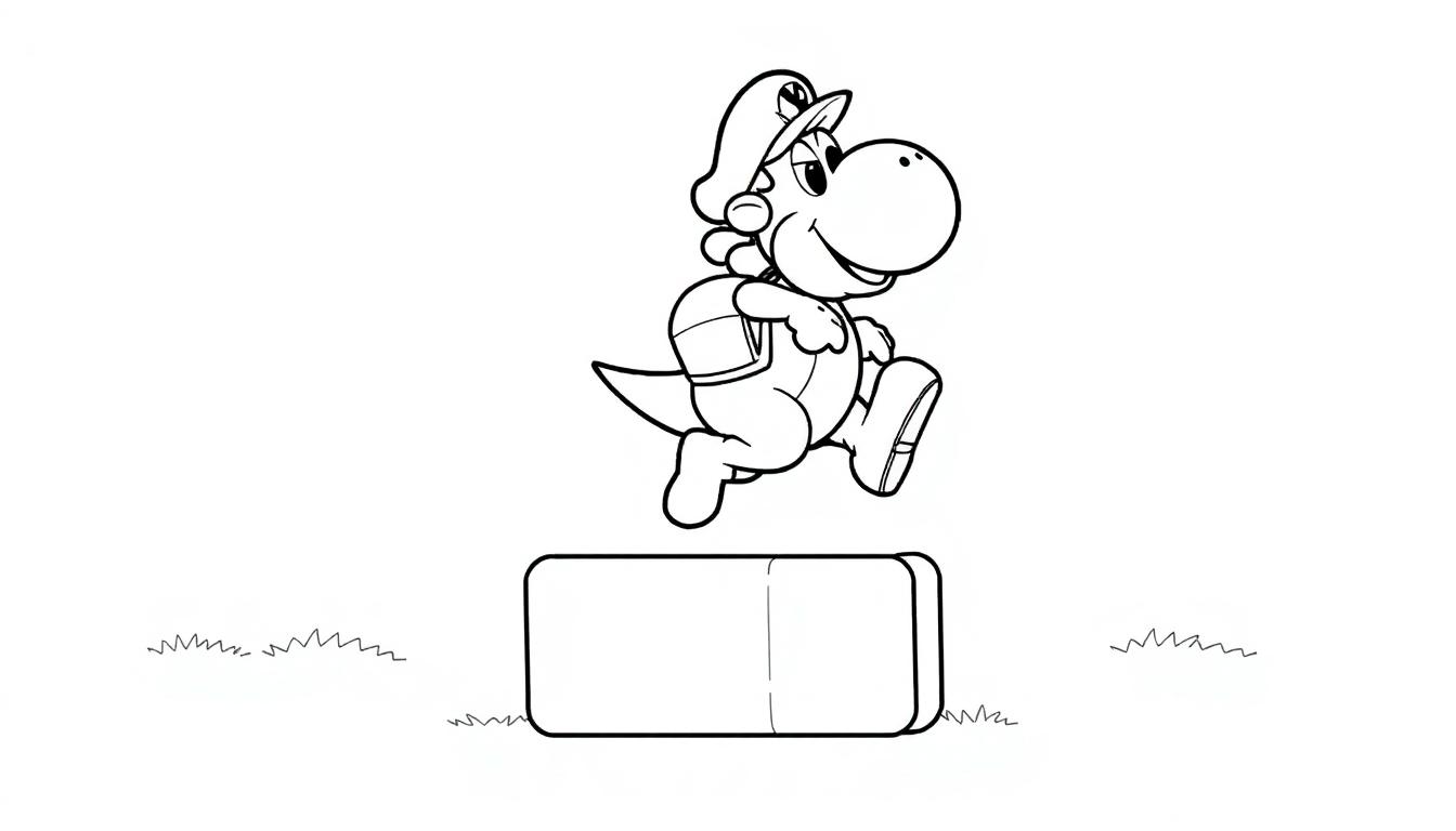 Kleurplaat van een vrolijke cartoondinosaurus die springt op een platform, met een pet en een rugzak, in een buitenomgeving met graspolletjes.