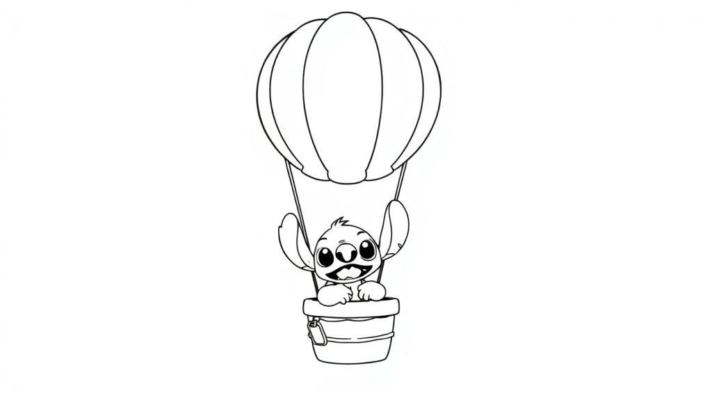 Kleurplaat van Stitch in een luchtballon, vrolijk zwaaiend vanuit een schattig mandje.