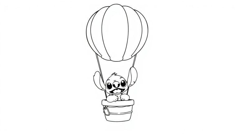 Kleurplaat van Stitch in een luchtballon, vrolijk zwaaiend vanuit een schattig mandje.