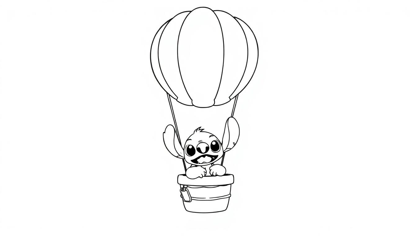 Kleurplaat van Stitch in een luchtballon, vrolijk zwaaiend vanuit een schattig mandje.
