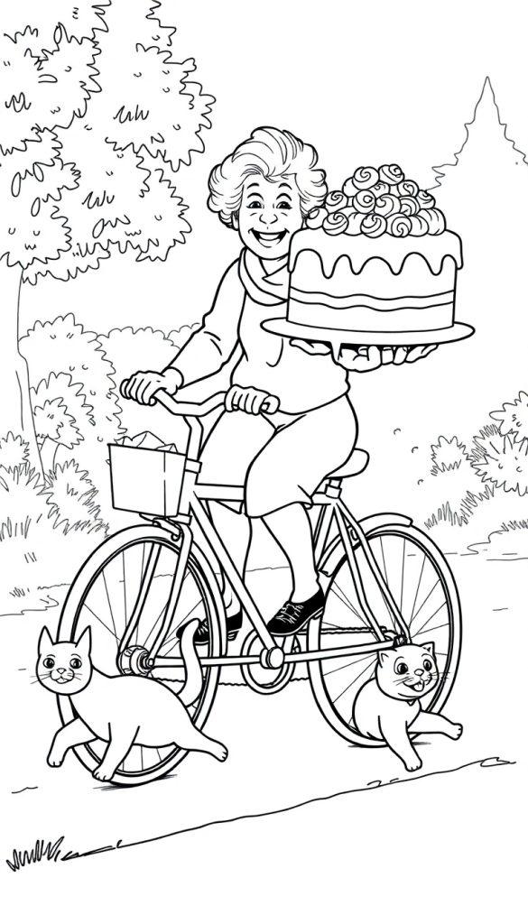 Kleurplaat van oma op een fiets met een grote taart, met bomen en struiken op de achtergrond.