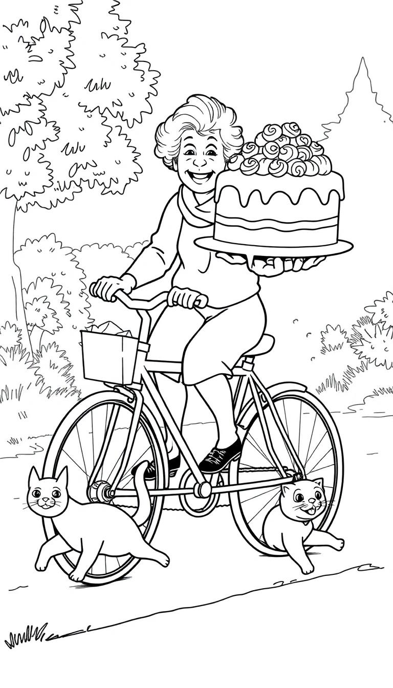 Kleurplaat van oma op een fiets met een grote taart, met bomen en struiken op de achtergrond.
