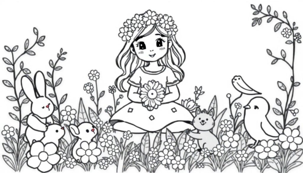 Een schattige kleurplaat van een meisje met bloemen in haar haar, omringd door vrolijke dieren zoals konijnen, een kat en vogels, met veel bloemen en blaadjes.