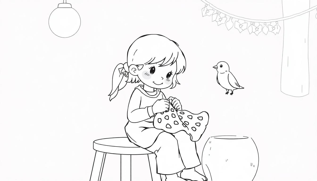 Een lijntekening van een meisje op een krukje, met een vrolijke uitstraling. Ze houdt een lap stof met stippen vast. Naast haar zit een vogel op een stok. Op de achtergrond zijn lichtjes in de vorm van bladeren, een boom en een ronde pot te zien. Dit is een kindvriendelijke kleurplaat.