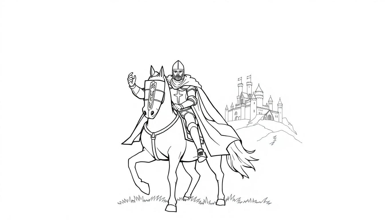 Een kleurplaat van een ridder op een paard met een kasteel op de achtergrond