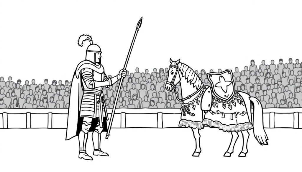 Kleurplaat van een ridder in harnas met speer naast een versierd paard.