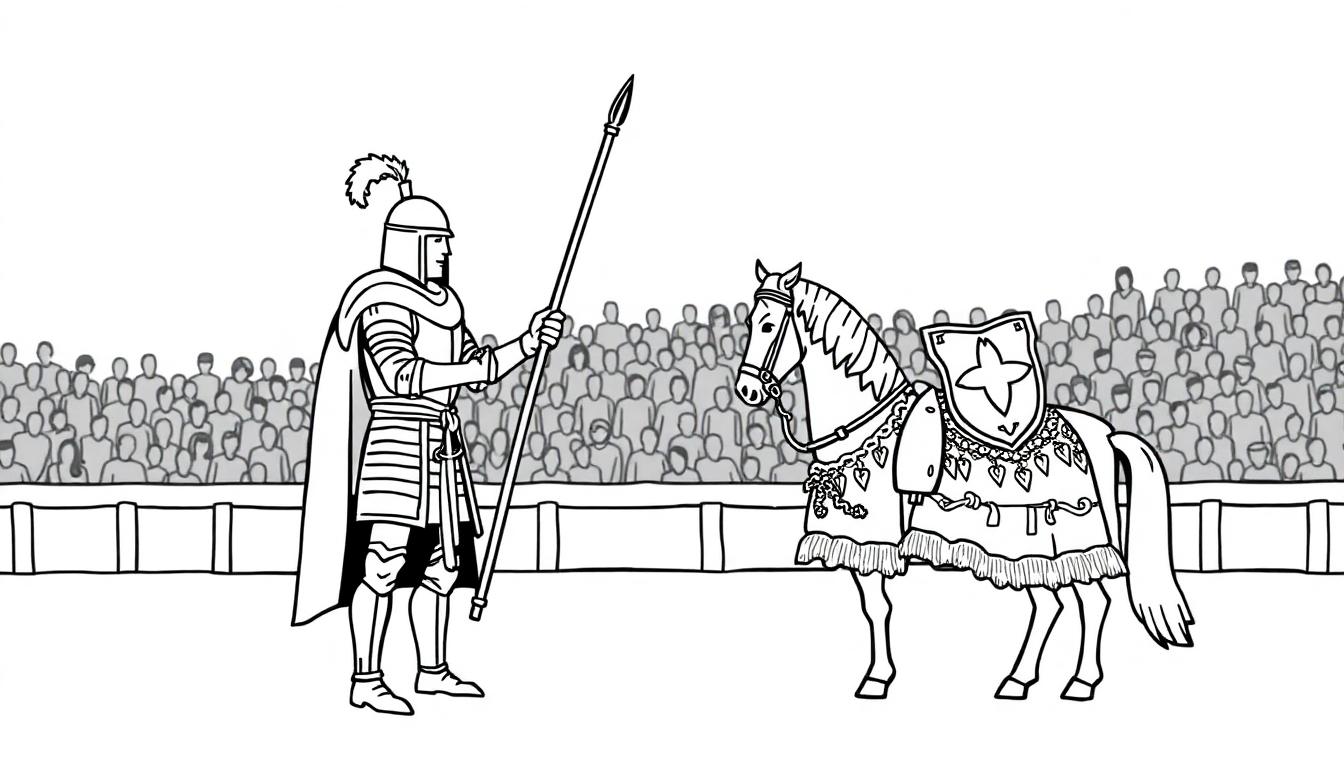 Kleurplaat van een ridder in harnas met speer naast een versierd paard.