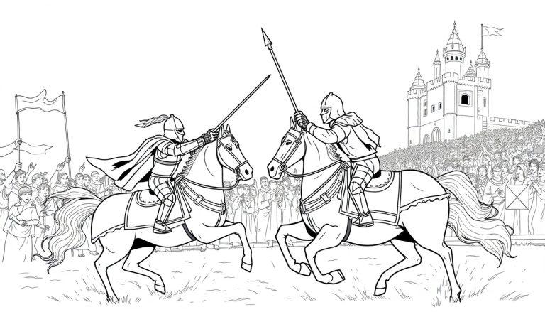 Middeleeuws riddertoernooi kleurplaat met ridders op paarden en een kasteel op de achtergrond.