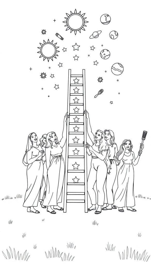 Kleurplaat met een ladder vol sterren, zes vrouwen en zwevende objecten zoals planeten, de zon, en creatieve tools zoals een penseel en een pen.