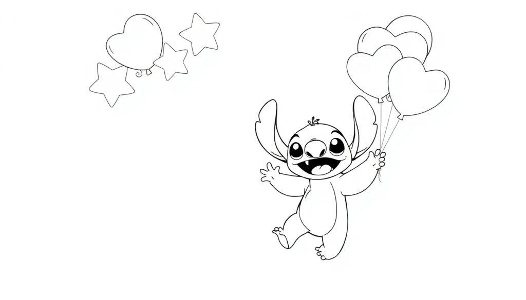 Kleurplaat van een vrolijke cartoonfiguur met grote oren, drie hartvormige ballonnen en sterretjes op de achtergrond.