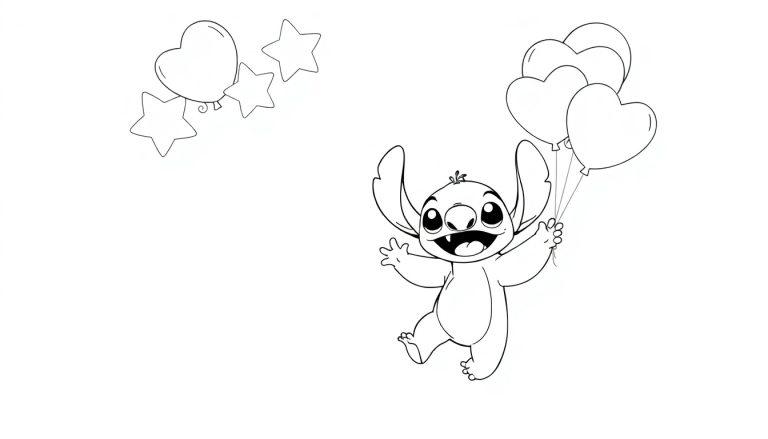 Kleurplaat van een vrolijke cartoonfiguur met grote oren, drie hartvormige ballonnen en sterretjes op de achtergrond.