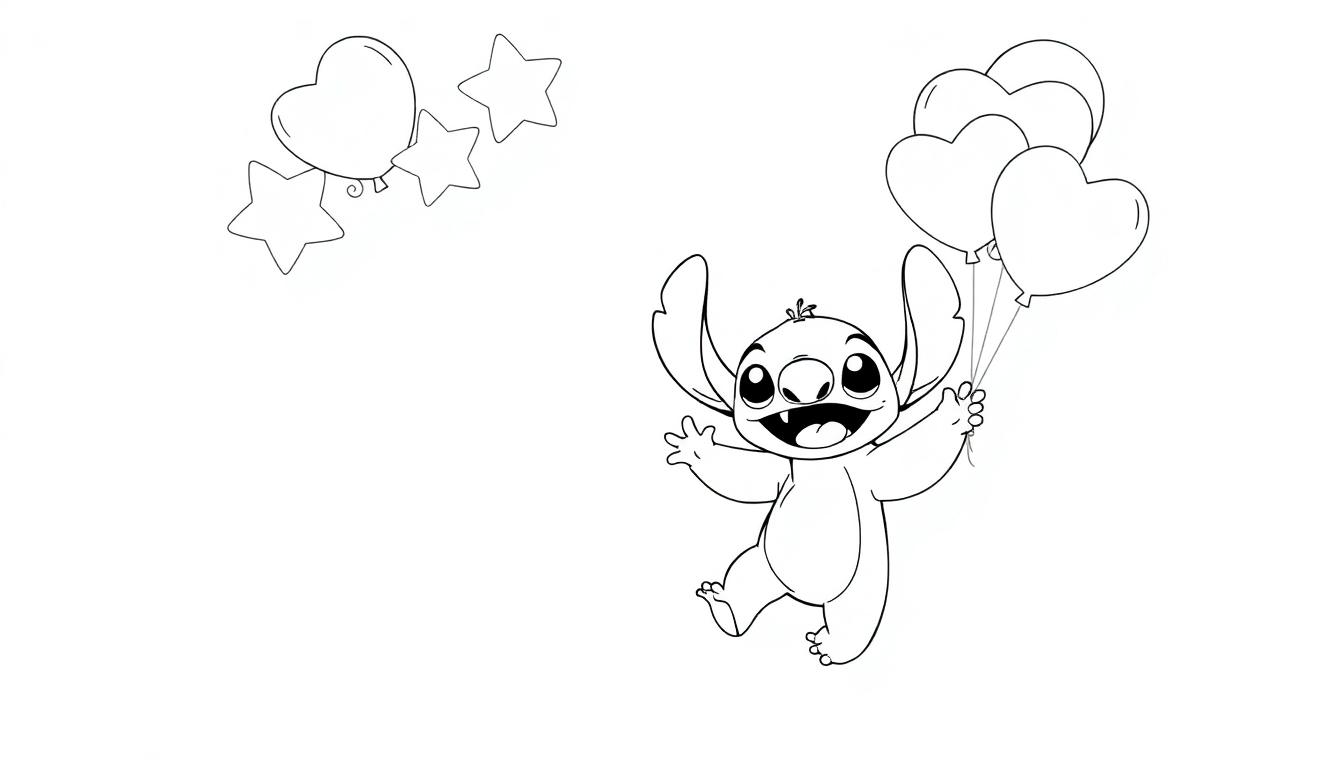 Kleurplaat van een vrolijke cartoonfiguur met grote oren, drie hartvormige ballonnen en sterretjes op de achtergrond.