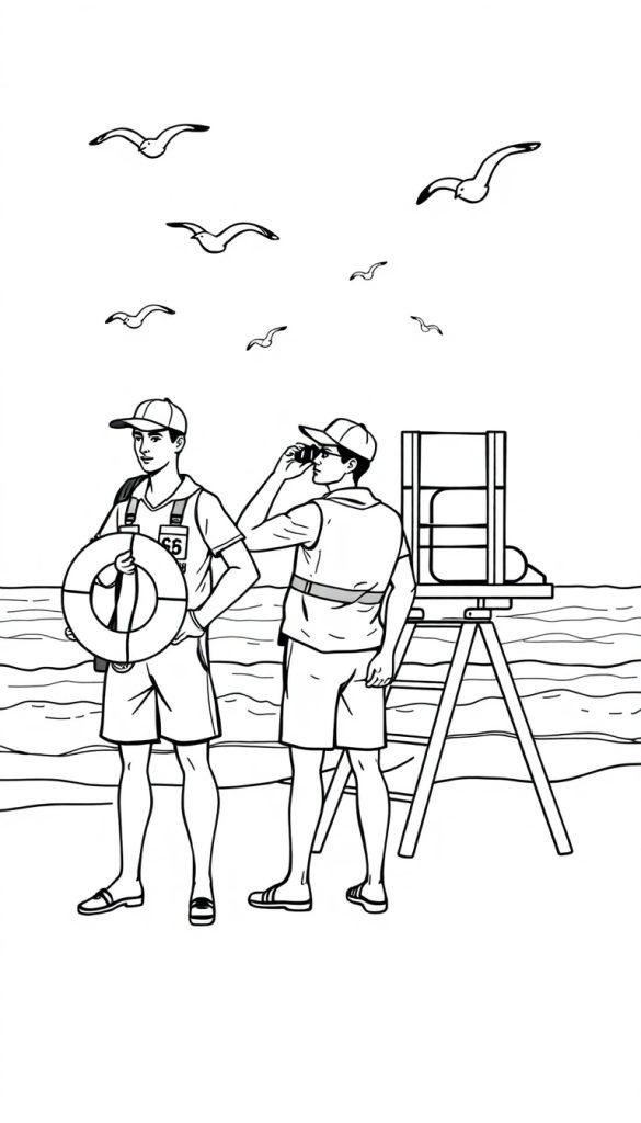 Kleurplaat van twee strandwachten in zwart-wit. Links staat iemand met een reddingsboei en rechts iemand met een verrekijker bij een strandwachtenstoel, met meeuwen en de zee op de achtergrond.