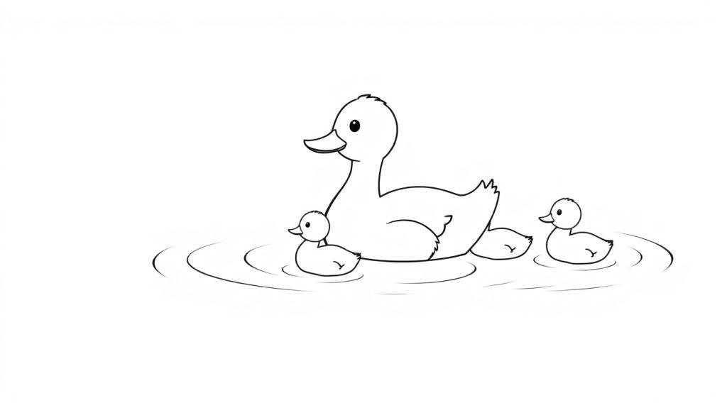 Een zwart-wit kleurplaat van een eend met twee eendenkuikens die in het water zwemmen.