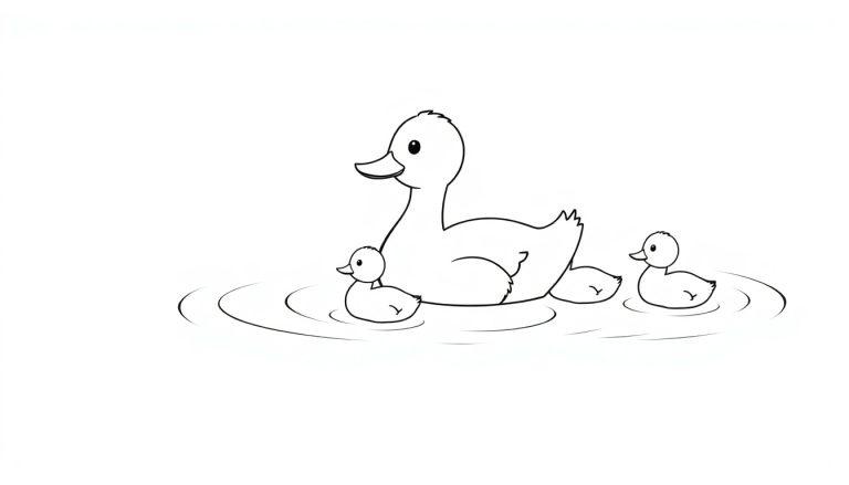 Een zwart-wit kleurplaat van een eend met twee eendenkuikens die in het water zwemmen.