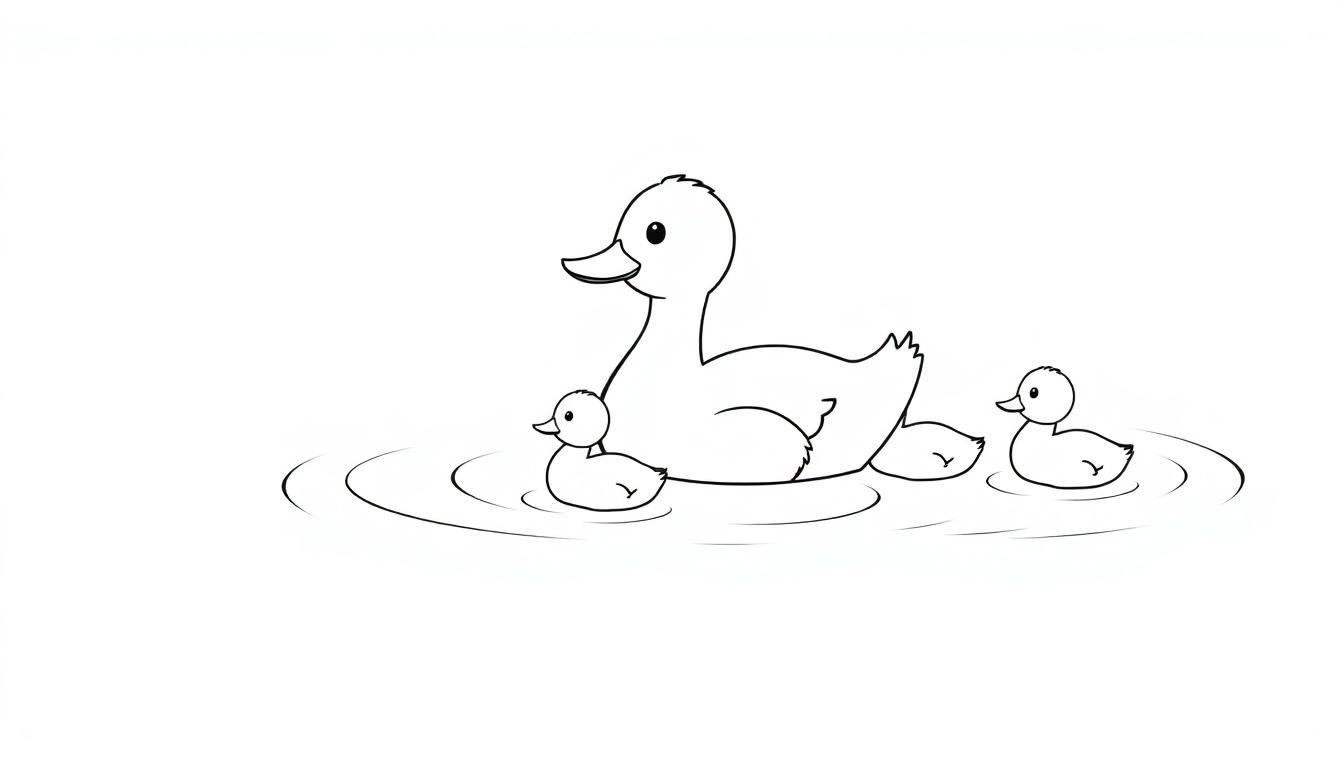 Een zwart-wit kleurplaat van een eend met twee eendenkuikens die in het water zwemmen.