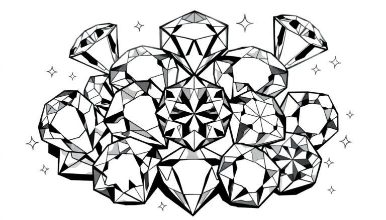 Zwart-witte kleurplaat van glinsterende diamanten met sterretjes eromheen.
