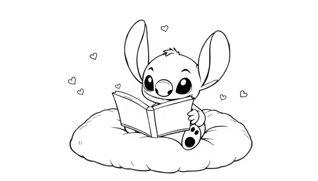 Schattige zwart-witte kleurplaat van Stitch die een boek leest op een pluizig kussen met hartjes eromheen.
