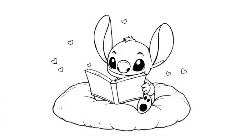 Schattige zwart-witte kleurplaat van Stitch die een boek leest op een pluizig kussen met hartjes eromheen.