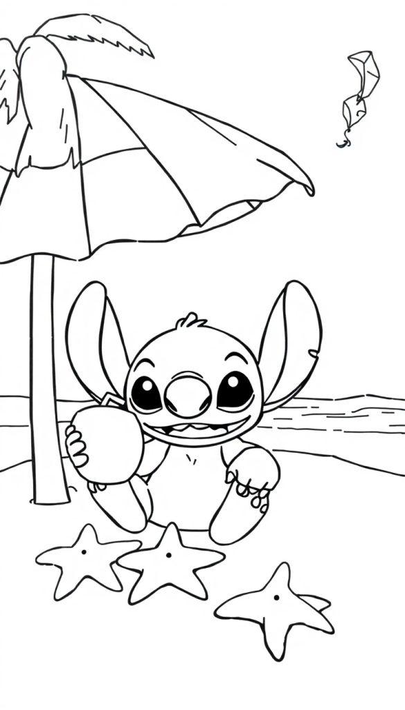 Zwart-wit kleurplaat van Stitch die op een strand zit met een kokosnoot, drie zeesterren, een parasol en een vlieger in de lucht.