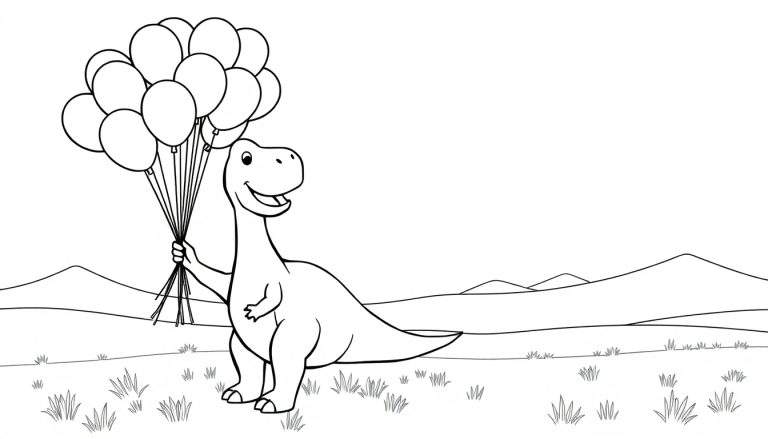 Een zwart-wit cartoon dinosaurus met veel gekleurde ballonnen, klaar om gekleurd te worden als kleurplaat.