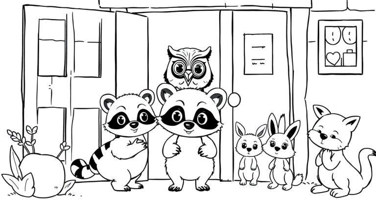 Kleurplaat van schattige cartoon dieren voor een gebouw.