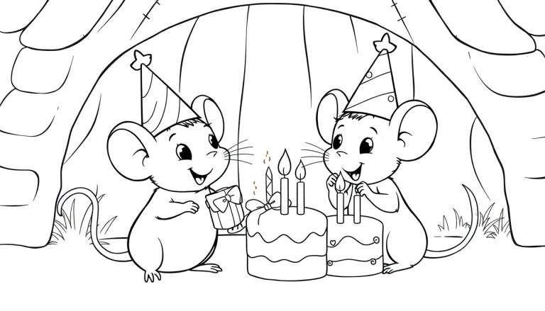 Zwart-wit kleurplaat van twee muizen, Sam en Julia, die een verjaardag vieren met taart en cadeautjes.