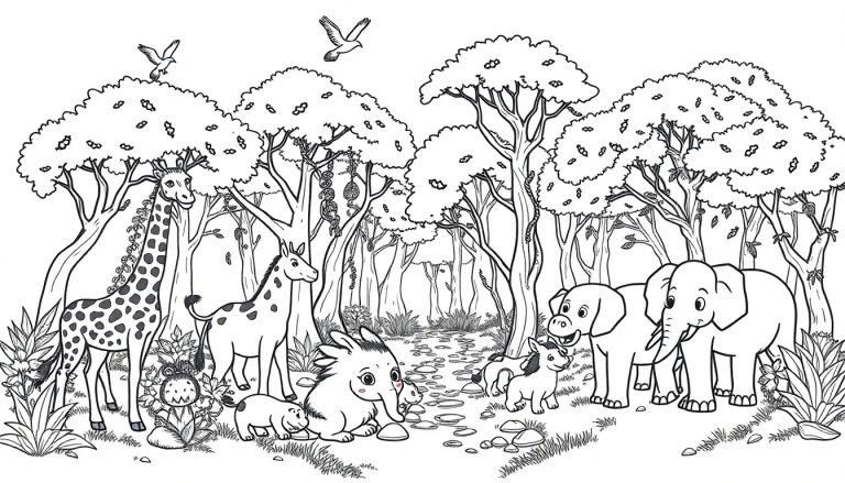 Kleurplaat van een vrolijk bos vol dieren zoals een giraffe, zebra, olifant met jong, en meer, met cartoongezichten.