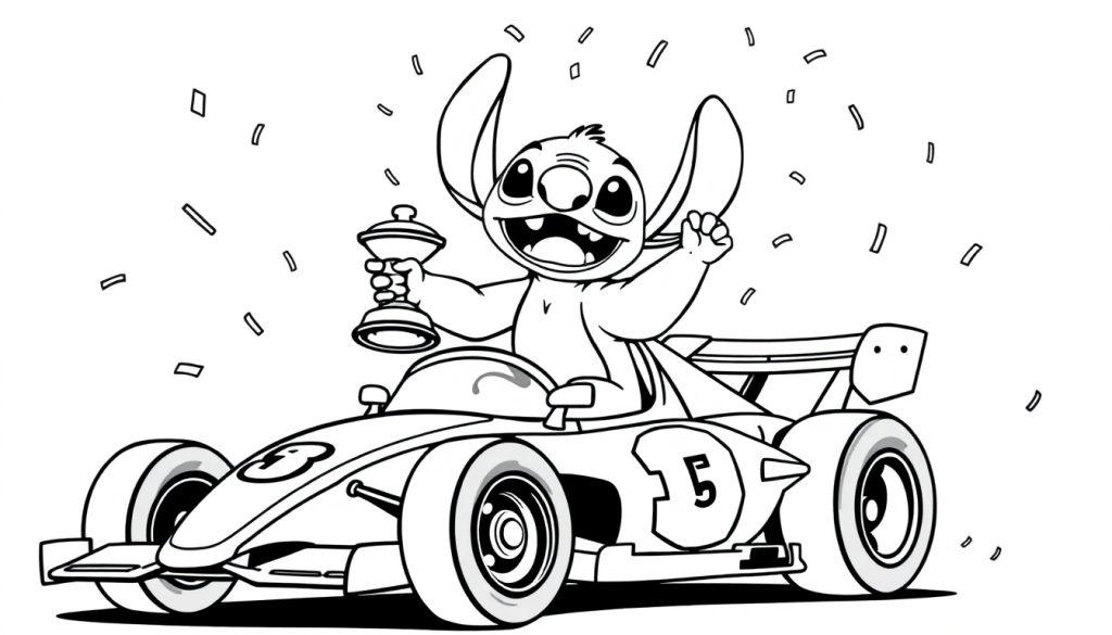 Stitch in raceauto kleurplaat