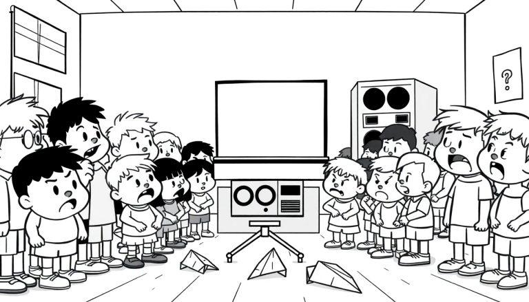 Boze kinderen kijken naar een leeg scherm, kleurplaat