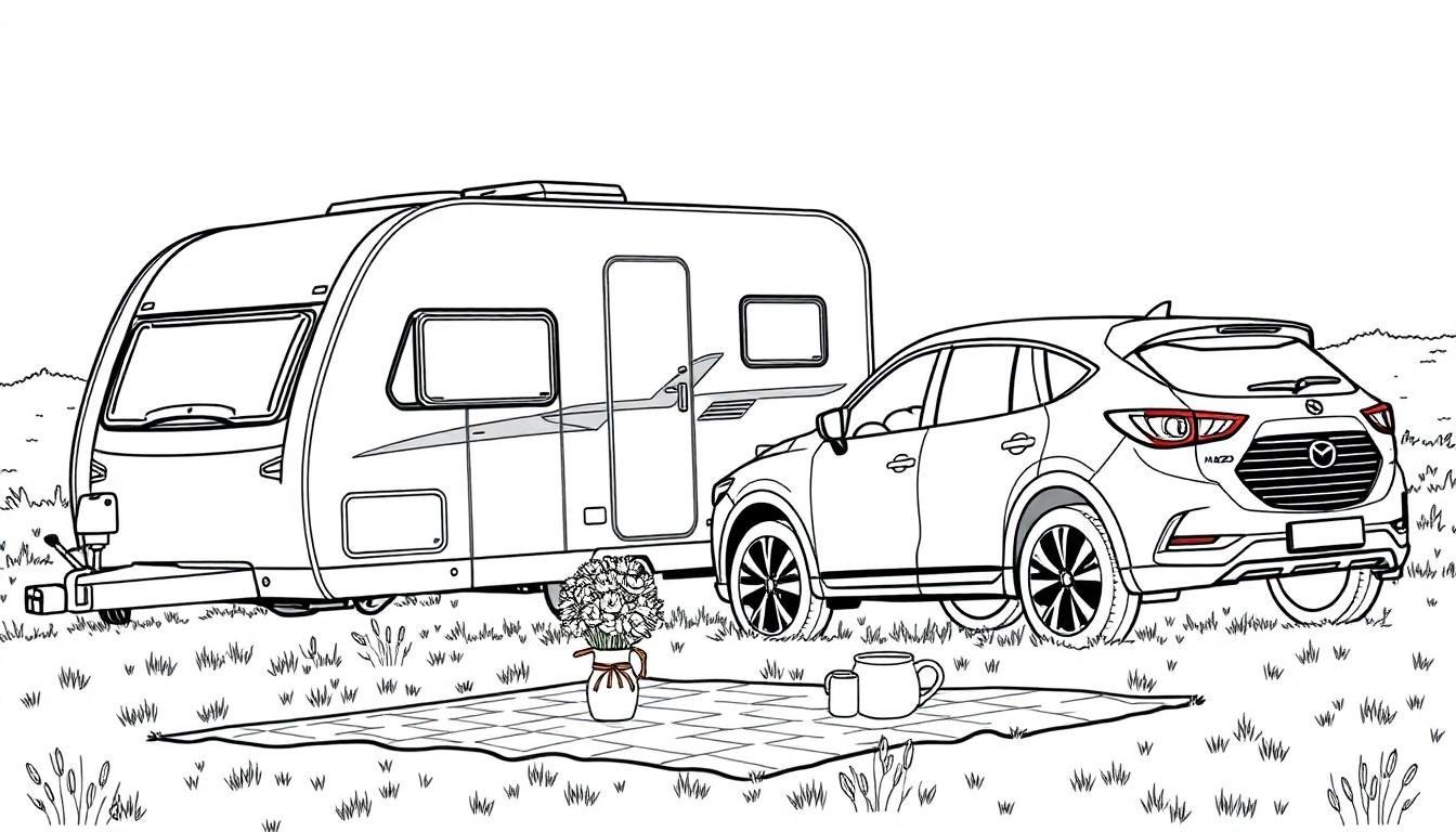 Kleurplaat van een Fendt caravan en Mazda op een grasveld met picknickkleed.