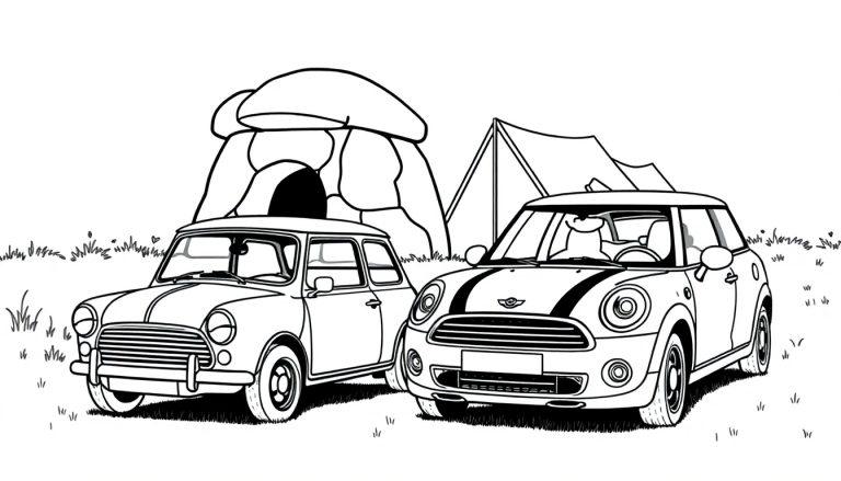 Kleurplaat van een klassieke en nieuwe Mini Cooper bij een hunebed en tent.