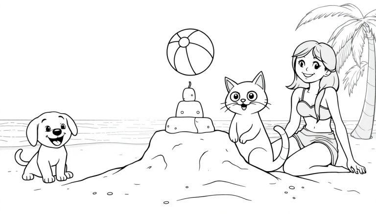 Kleurplaat van een puppy met bot, poes en mevrouw op het strand.
