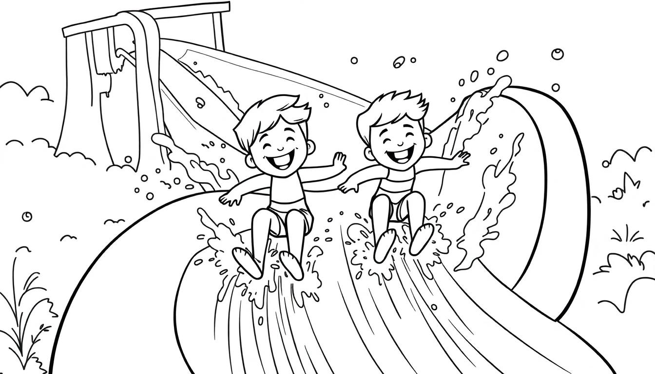 Kleurplaat van twee kinderen die samen van een waterglijbaan gaan.