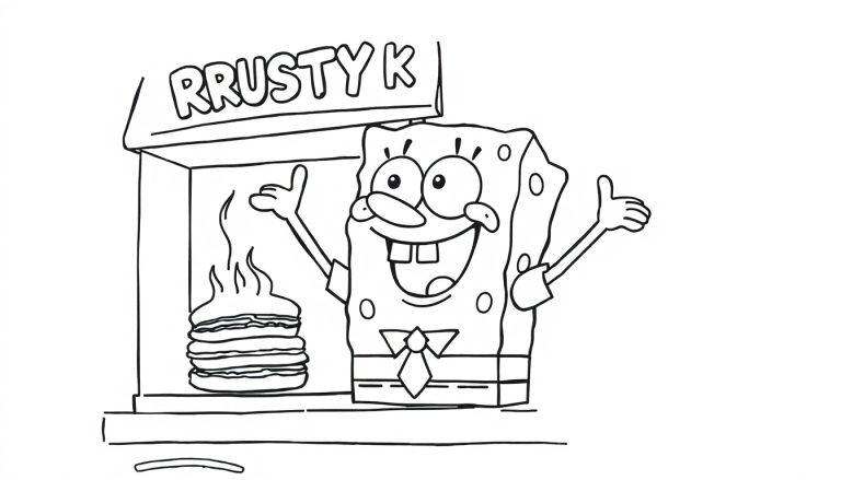 SpongeBob kleurplaat bij de Krusty Krab