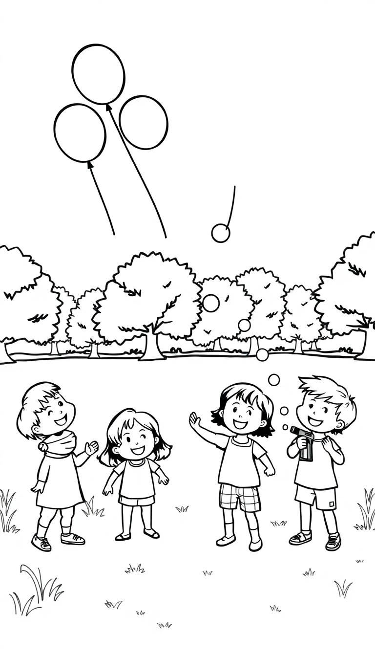 Kleurplaat van spelende kinderen met bellenblaas en waterballonnen in de zomerhitte.