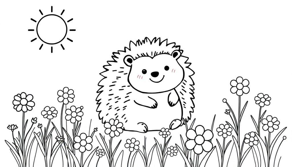 Egel kleurplaat in een bloemenveld met zon