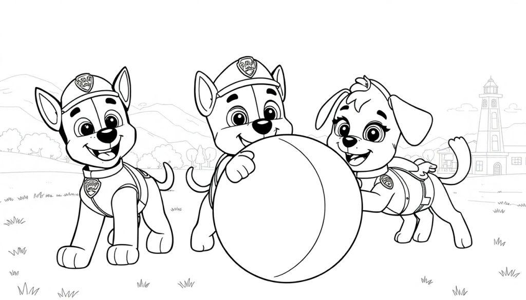 Paw Patrol kleurplaat met puppy's die spelen met een bal in een landelijke omgeving.