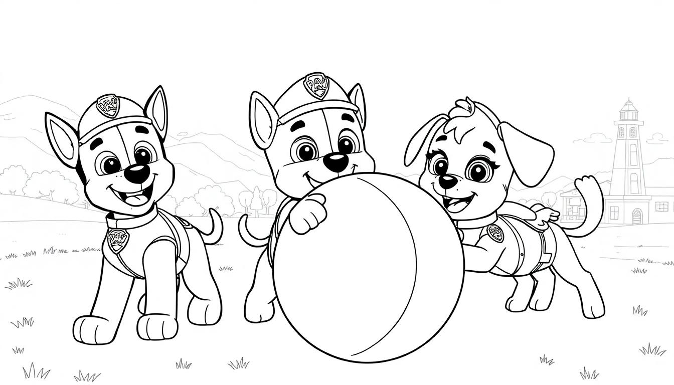 Paw Patrol kleurplaat met puppy's die spelen met een bal in een landelijke omgeving.