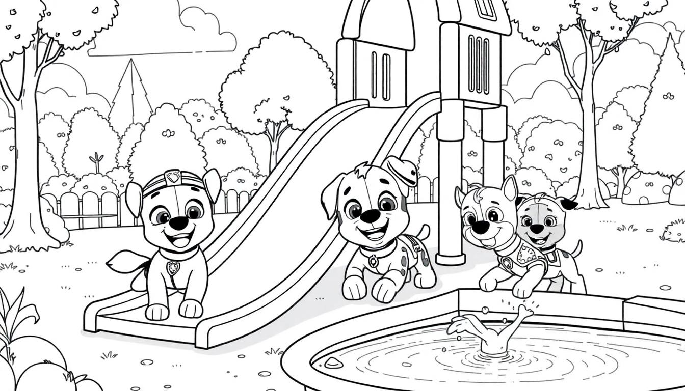 Paw Patrol kleurplaat: Puppy's spelen in het park.